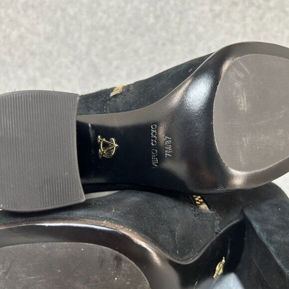 VC Vince Camuto Size 7 Black Suede Kardale Boots Gold Wrap Zipper Heeled Booties - Picture 9 of 12